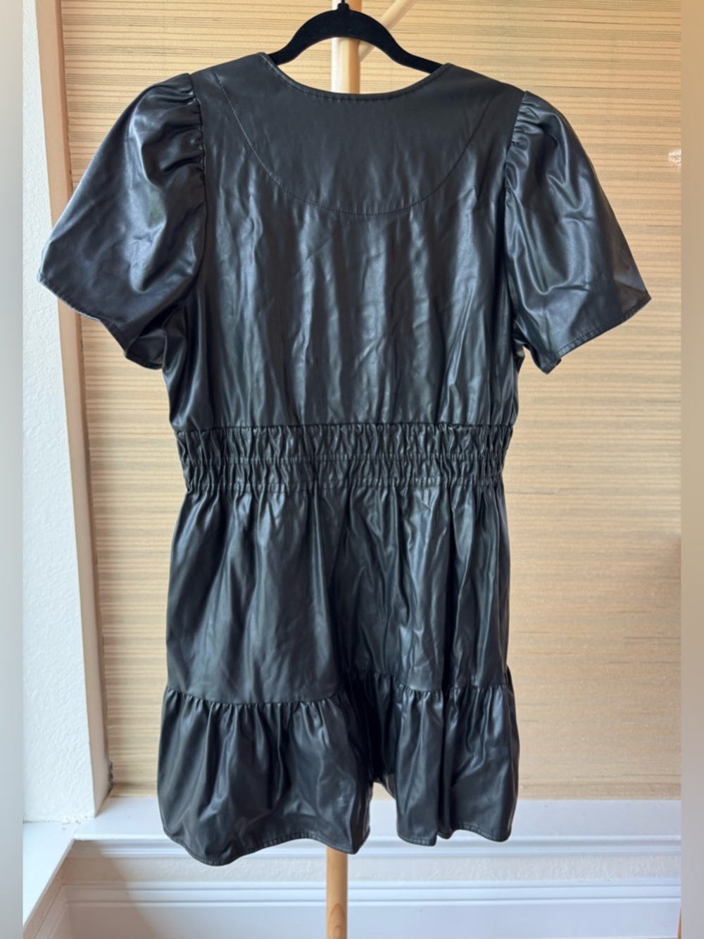 Anthropologie Somerset Vegan Leather Mini Dress Black Smocked Tiered Sz  LP EUC - Picture 8 of 16